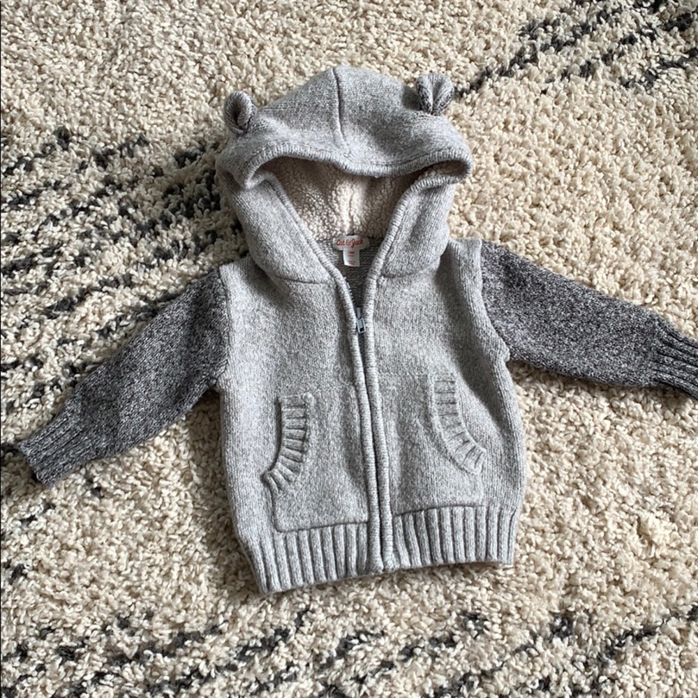 Warm gray knit sweater with bear ears fuzzy hood